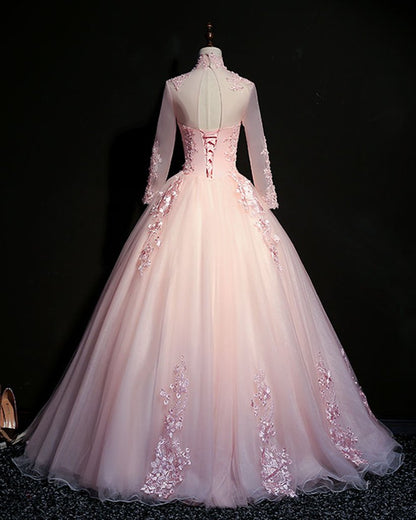 Pink tulle beaded long lace applique formal prom dress, evening dress with sleeve   cg16436