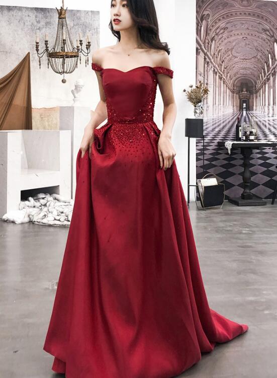 Burgundy Satin Long Sweetheart Beaded Evening Dress, Wine Red Prom Dress   cg16445