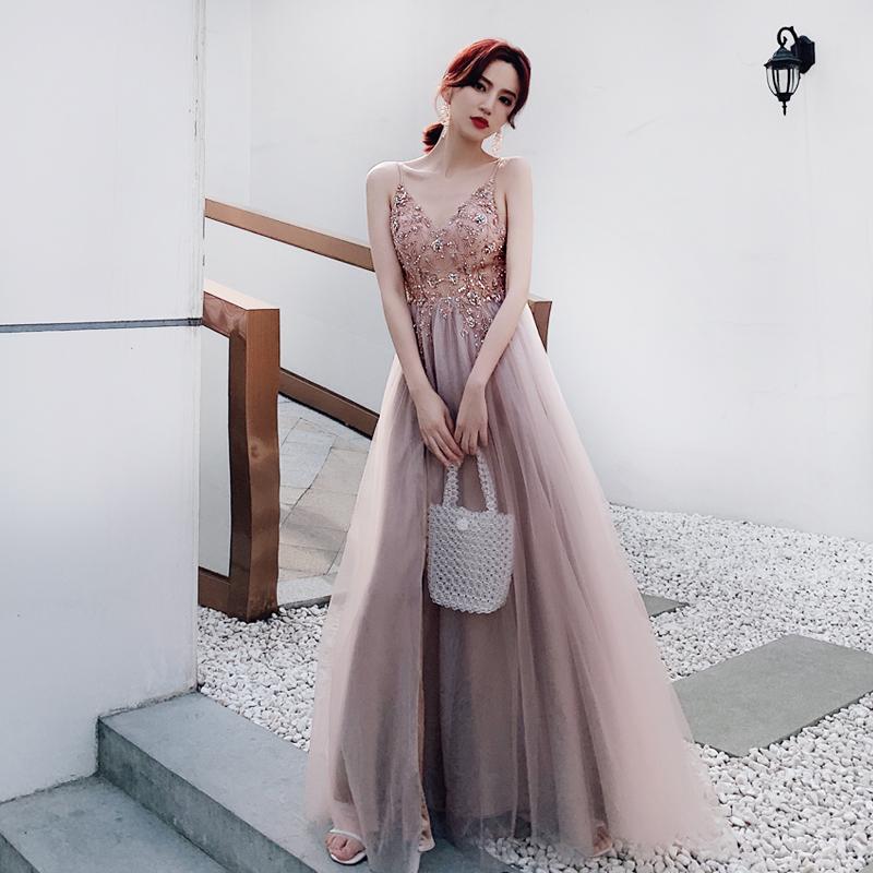 Pink Beaded High Slit Spaghetti Straps Long Junior Prom Dress, V Back Party Dress   cg16446