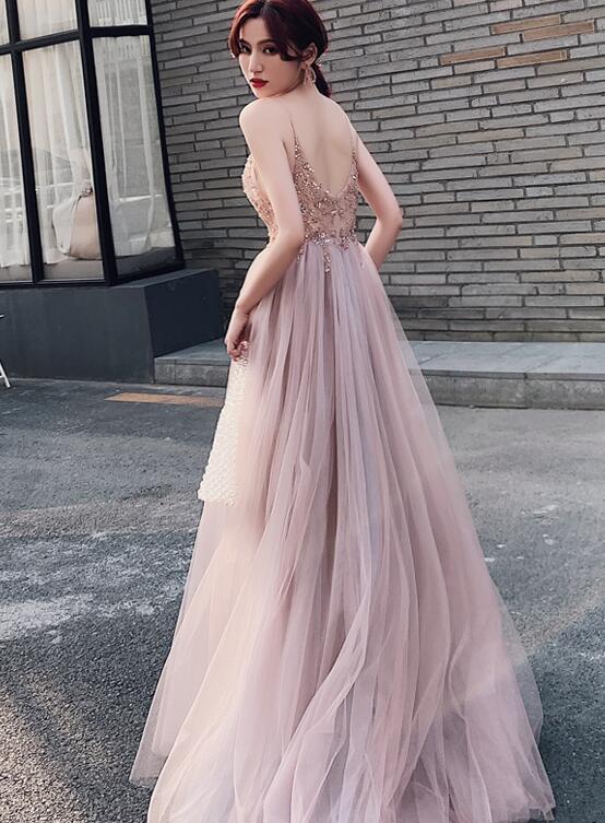 Pink Beaded High Slit Spaghetti Straps Long Junior Prom Dress, V Back Party Dress   cg16446