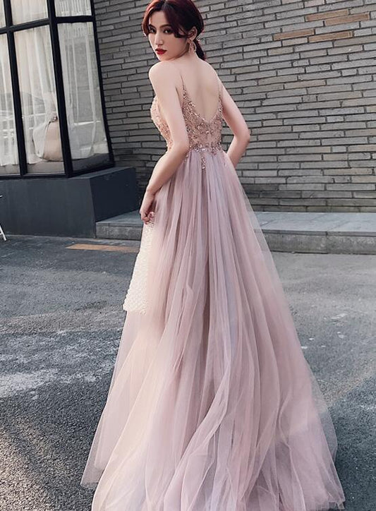 Pink Beaded High Slit Spaghetti Straps Long Junior Prom Dress, V Back Party Dress   cg16446