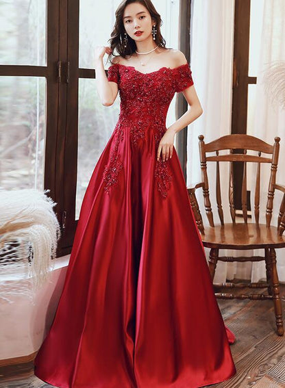 Red Satin Short Sleeves With Lace Applique A Line Formal prom Dress, Red Evening Gown Party Dress   cg16447