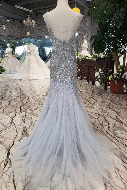 Gorgeous Mermaid Backless Silver Grey Sequins Prom Dress, Mermaid Silver Grey Formal Dress, Shiny Silver Grey Evening Dress   cg16455