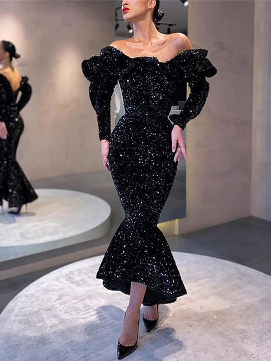 Modern Mermaid Long Sleeves Sequin Long Prom Evening Dresses   cg16468