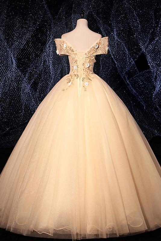 Champagne Tulle Lace Applique Off Shoulder Long Sweet 16 Prom Dress, Evening Dresses   cg16495