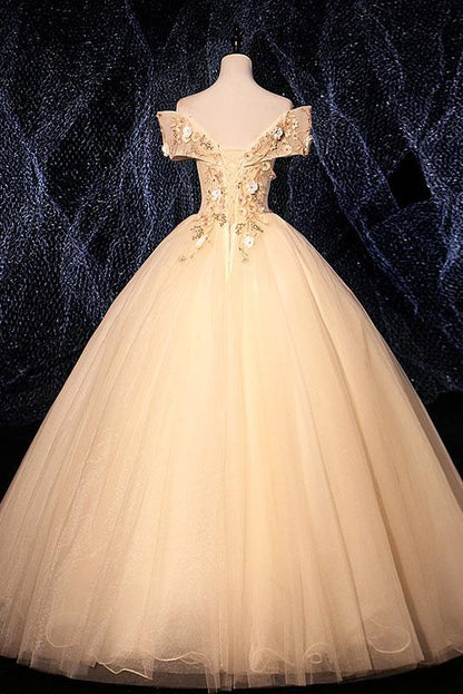 Champagne Tulle Lace Applique Off Shoulder Long Sweet 16 Prom Dress, Evening Dresses   cg16495