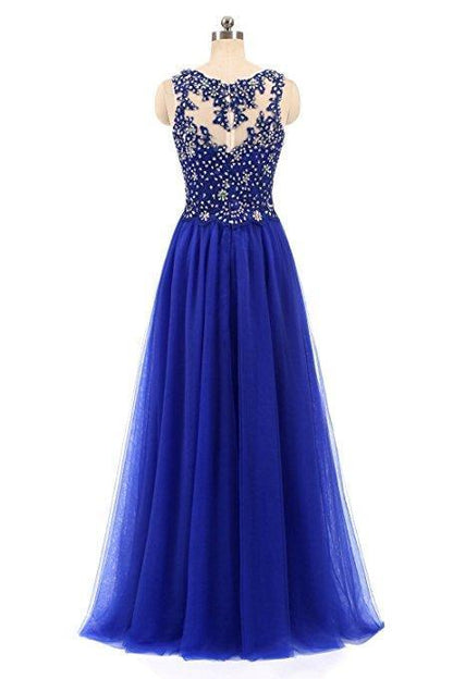 Charming Blue Beaded Tulle Long Party Dress, Round Neckline Prom Dress   cg16497