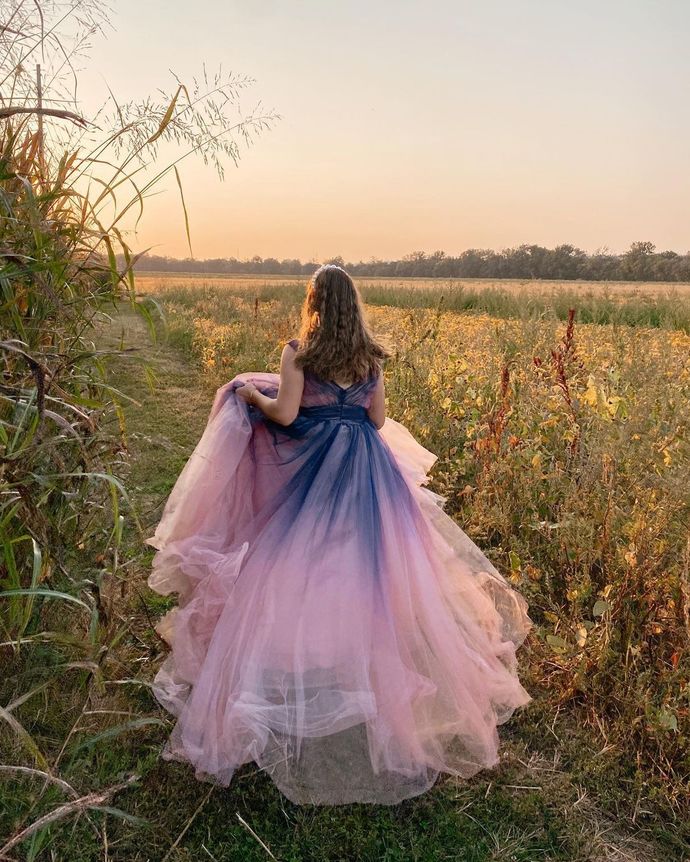 Ombre A-line Tulle Long prom Dress   cg16510