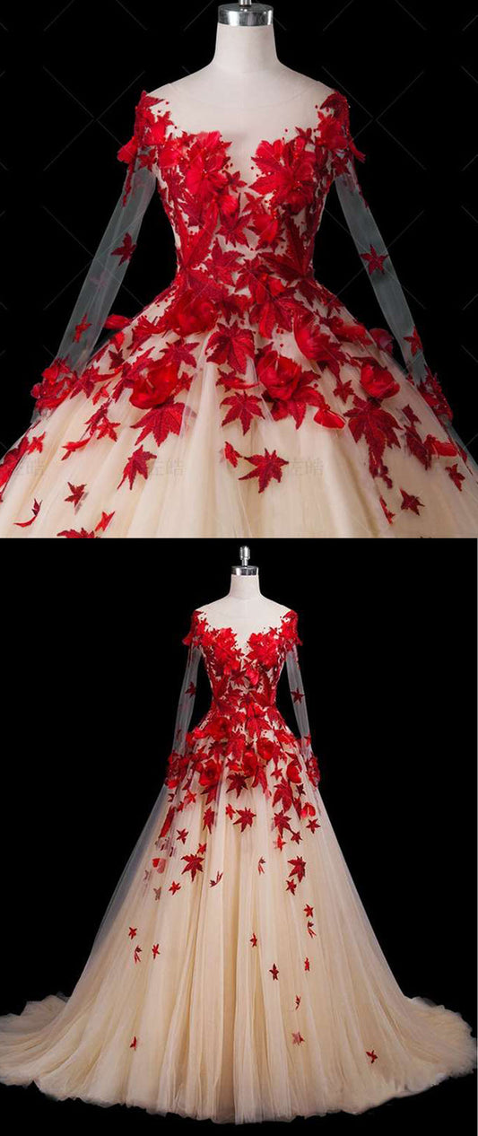 Chic Red Tulle Custom Made Long Puffy Formal Prom Dress, Evening Dress With Flower Applique   cg16588
