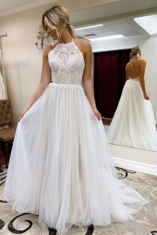 Charming A Line Halter White Long Prom/Evening Dress Appliques    cg16599