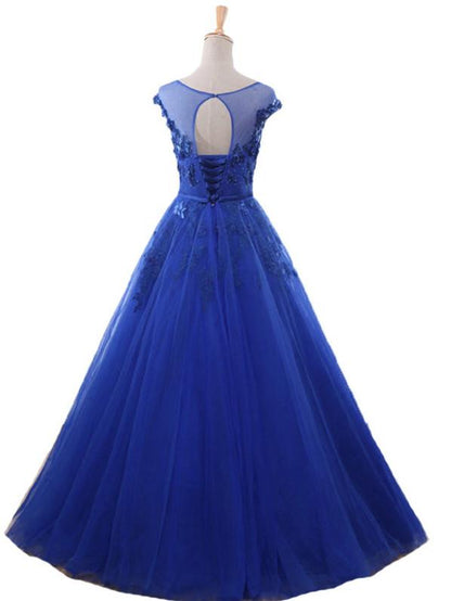 Royal Blue Ball Gown Tulle With Lace Round Cap Sleeves Prom Dress, Blue Sweet 16 Dress   cg16637