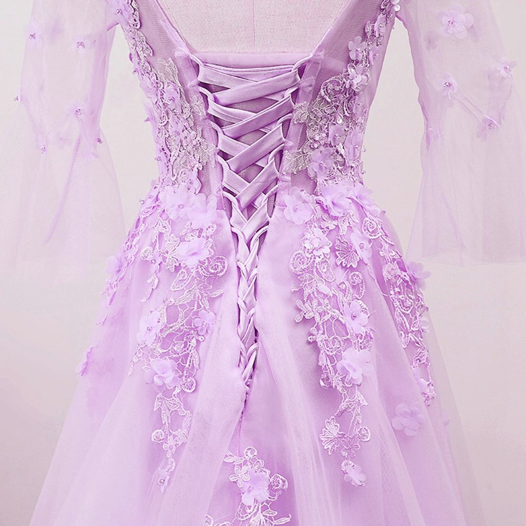Light Purple Tulle V-Neckline Lace Applique New Prom Dress 2021, Lavender Party Dress   cg16639