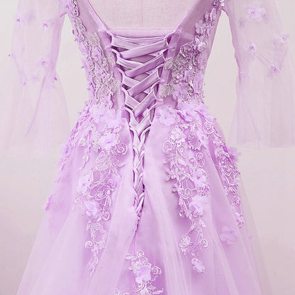 Light Purple Tulle V-Neckline Lace Applique New Prom Dress 2021, Lavender Party Dress   cg16639