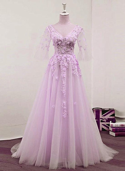 Light Purple Tulle V-Neckline Lace Applique New Prom Dress 2021, Lavender Party Dress   cg16639