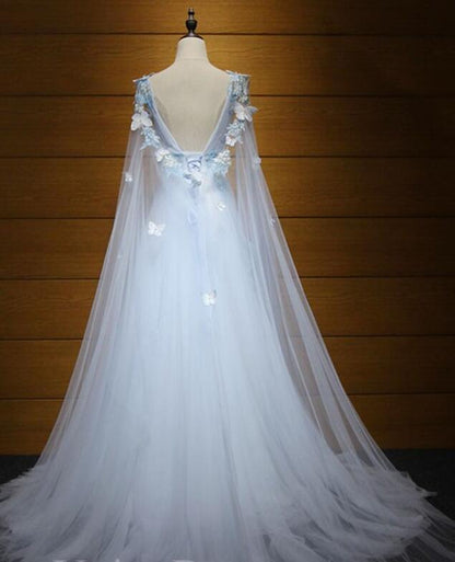 Light Blue Princess V Neck Low Back Tulle Prom Dress, Blue Evening Dress Party Dress   cg16640