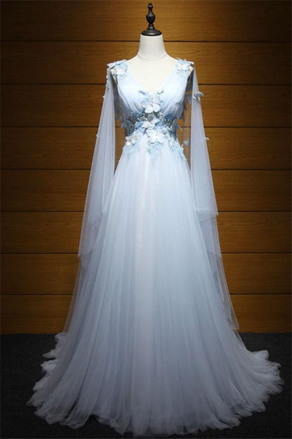 Light Blue Princess V Neck Low Back Tulle Prom Dress, Blue Evening Dress Party Dress   cg16640