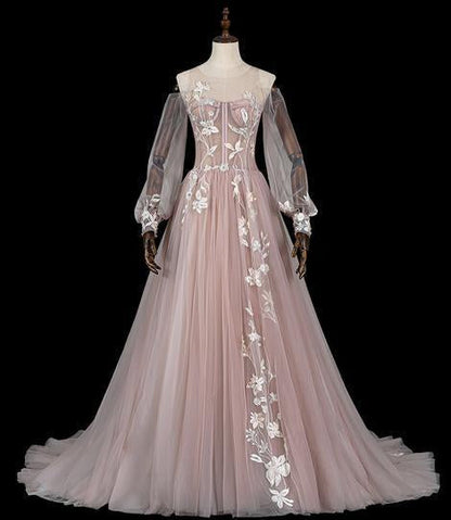 Pink tulle lace long prom dress pink evening dress   cg16651