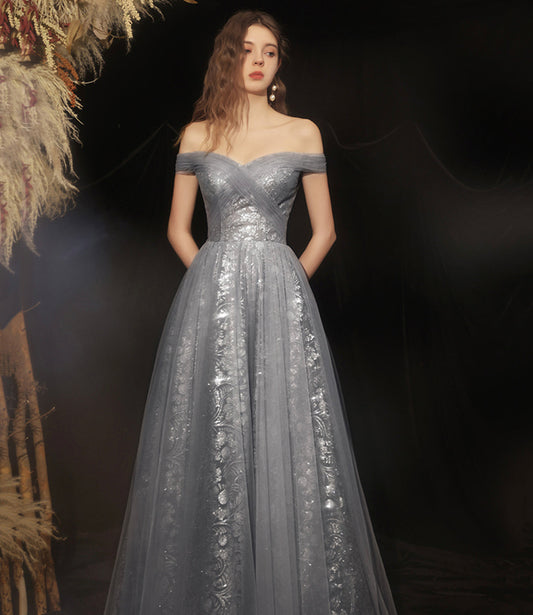 GREY LONG A LINE PROM DRESS OFF SHOULDER EVENING DRESS     cg16672