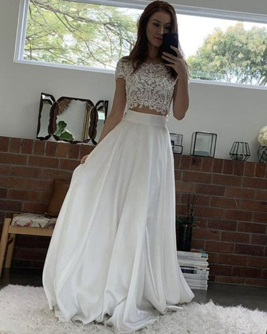Two Pieces O-Neck A-Line Prom Dresses,Long Prom Dresses   cg16682