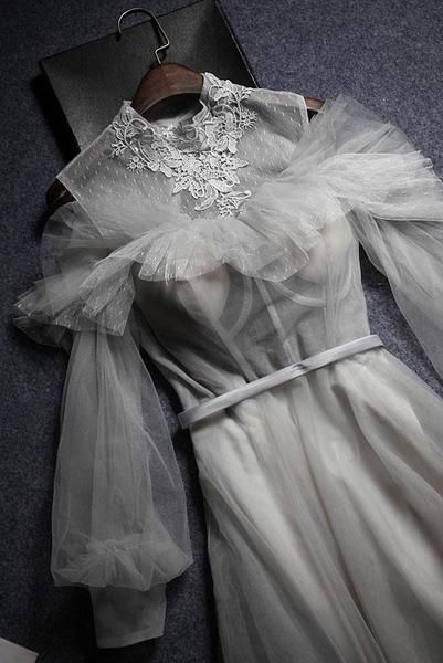 Gray Tulle Lace High Neck Long Senior Prom Dress, Gray Formal Dress With Sleeve   cg16696
