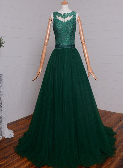 Dark Green Tulle With Lace Applique Long Prom Dress, A-Line Evening Dress, Formal Dress   cg16700