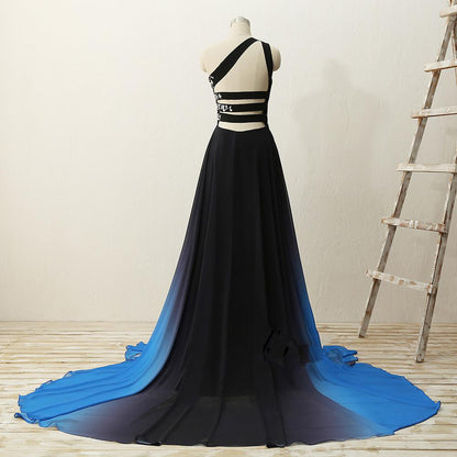 One Shoulder Beaded Chiffon Gradient Long Party Dress, Blue Formal Dress, Prom Dress   cg16746