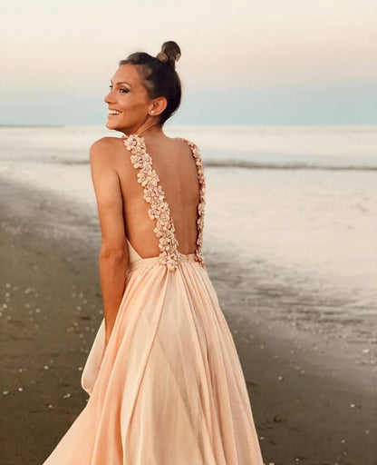 Open Back Peach Chiffon Long Formal Dress Prom Dress    cg16789