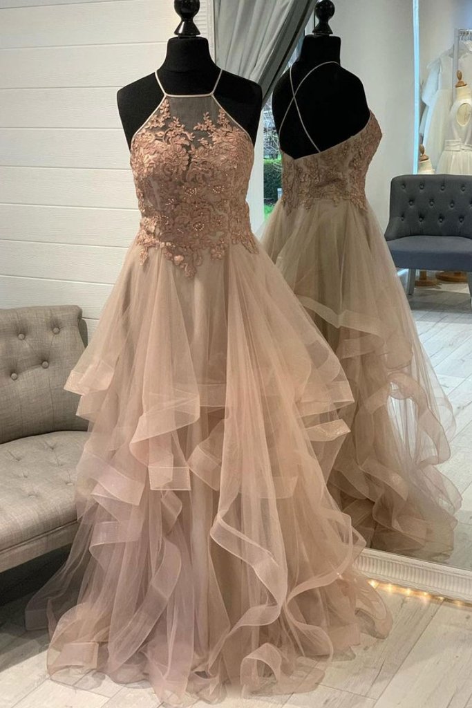 CHAMPAGNE TULLE LACE LONG PROM DRESS CHAMPAGNE FORMAL DRESS    cg16813
