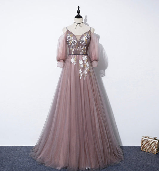 CUTE V NECK TULLE LONG A LINE PROM DRESS EVENING DRESS   cg16843
