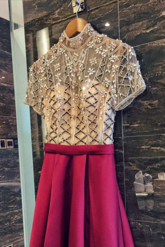 short sleeves red long formal dress with beaded bodice prom gown   cg16848