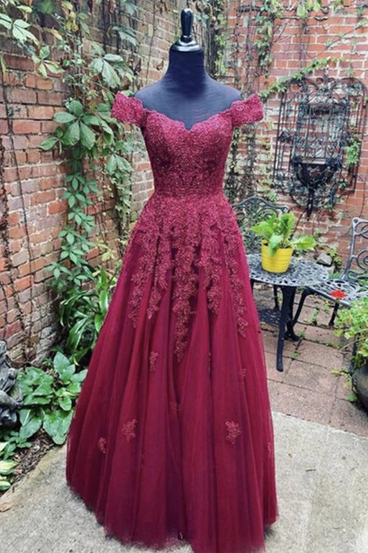 Burgundy lace long A line prom dress evening dress   cg16874