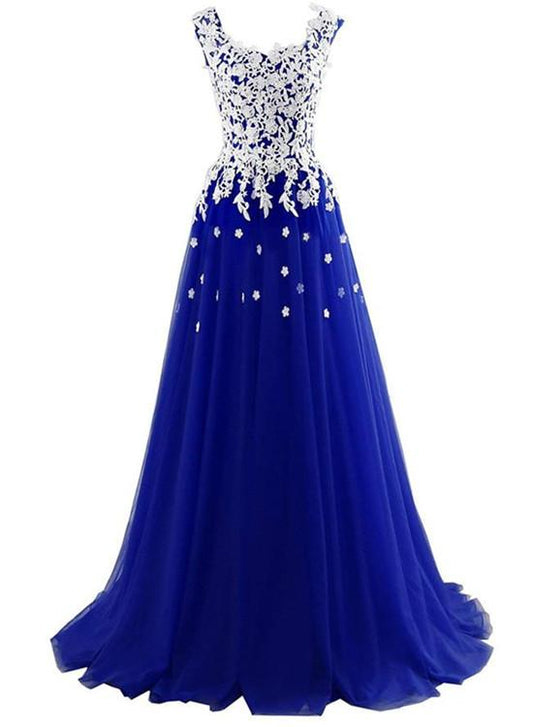 Long Blue Tulle Prom Dresses,White Appliques Princess Dress, Wedding Party Dress   cg16878