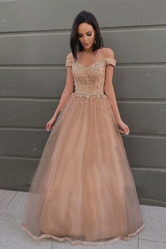 Off the Shoulder Champagne Lace Floral Prom Dress, Off Shoulder Champagne Formal Dress   cg16893