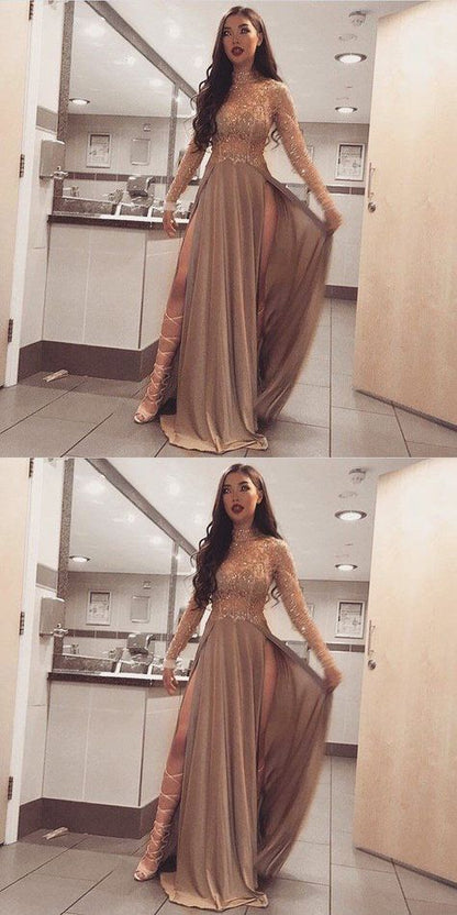 Long Sleeves Sparkly Stunning High Neck Split Sexy Cheap Modest Prom dress cg1690