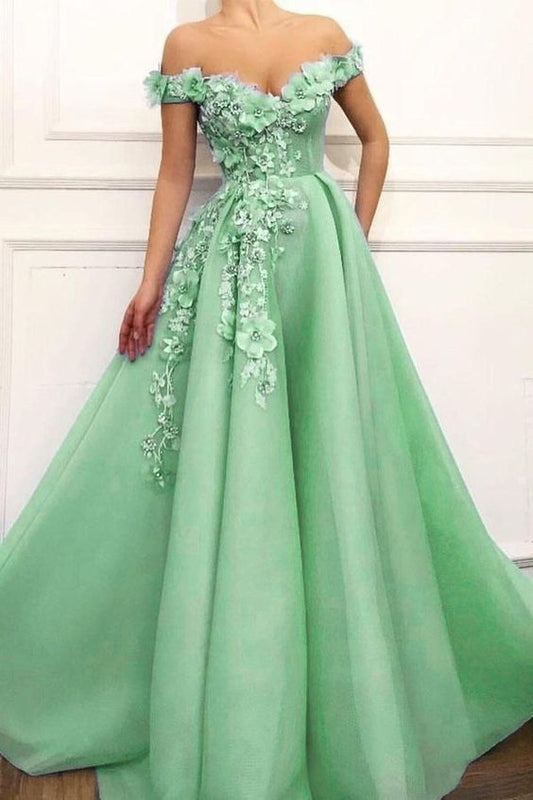 Off the shoulder tulle prom dress with appliques   cg15926