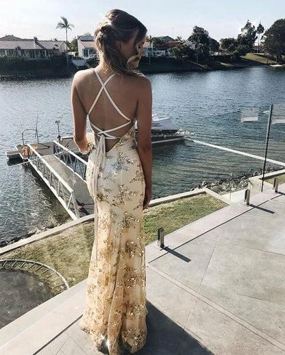 Gold Sequin Mermaid Backless V-Neck Prom Dresses cg1693