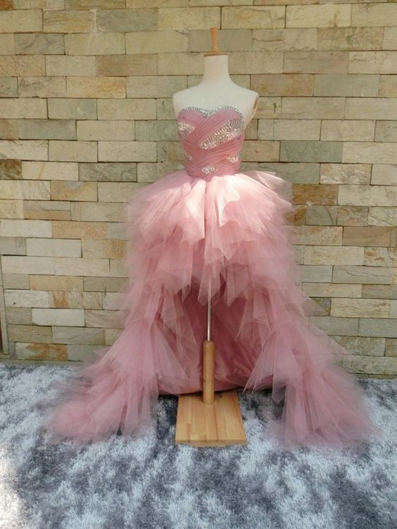 Hi-lo Tulle Prom Dress Strapless Pleated Beaded Prom Dress     cg16937