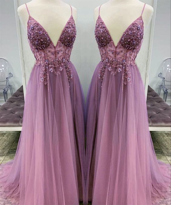 Mauve Tulle Prom Beaded Dresses     cg16955