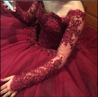 Burgundy Long Sleeves Quinceanera Dress Sweet 15 Dresses Ball Gown prom dress  Wedding Gown    cg16962
