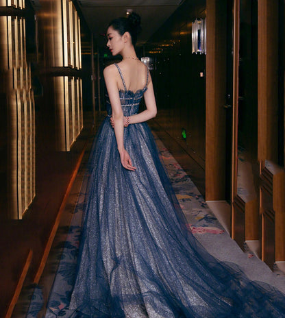 BLUE TULLE LONG PROM DRESS SHINY EVENING DRESS   cg16963