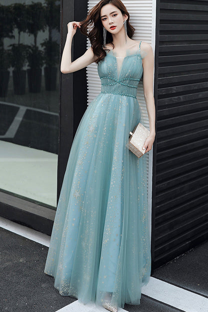 BLUE TULLE LONG A LINE PROM DRESS BLUE EVENING DRESS   cg16964