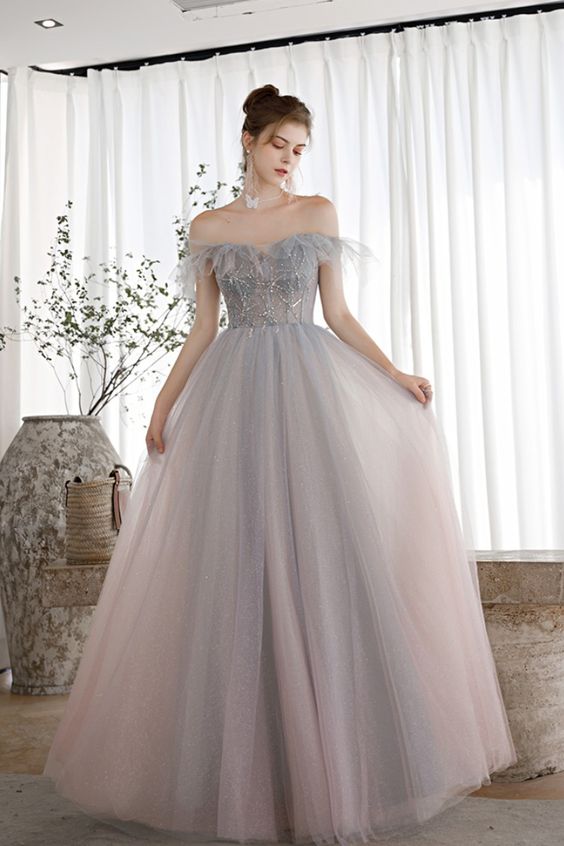 Dreamdressy off the shoulder grey tulle long formal dress prom dress 2021   cg16966