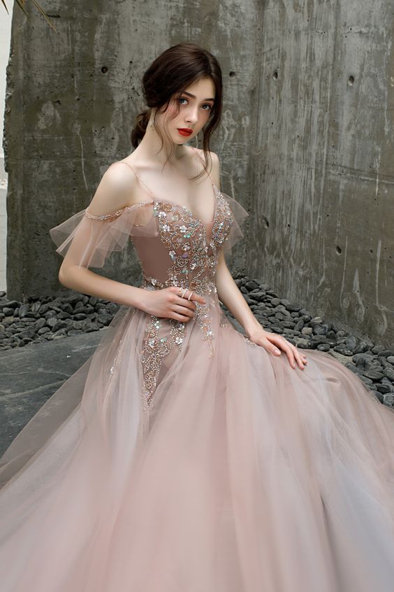 princess dusty rose tulle long formal prom dress features with spaghetti straps and beaded bodice   cg16979
