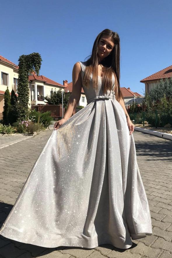 Shiny v neck long A line prom dress grey evening dress   cg17000