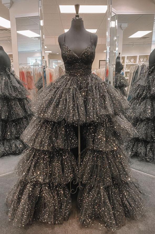 Black tulle high low prom dress black evening dress   cg17002