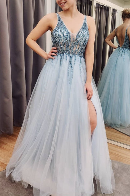Blue tulle beads long A line prom dress evening dress   cg17003