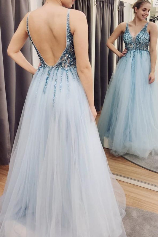 Blue tulle beads long A line prom dress evening dress   cg17003