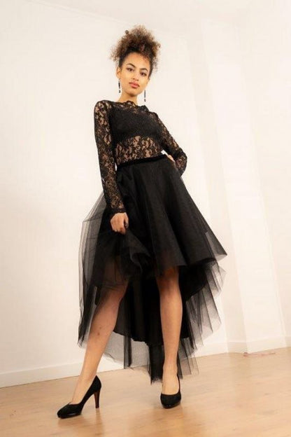 Hi-Lo Long Sleeves Lace Tulle Prom Dress    cg17017