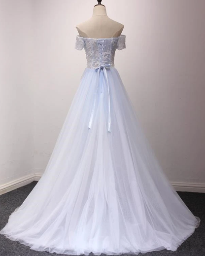 Light Blue Off Shoulder Flowers High Low Party Dress, Tulle Formal Dress Prom Dress   cg17055