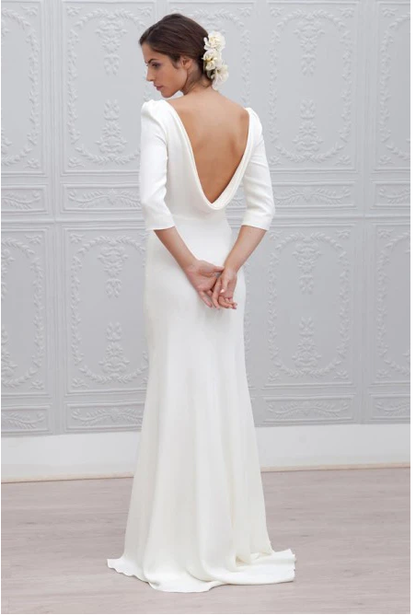 Simple Sheath Bateau Backless 3/4 Sleeves Sweep Train Beach Prom Dress   cg17063